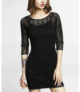 Express Black 3/4 Length Sleeve Crochet Sheath Dress with Cami Lining Size XS